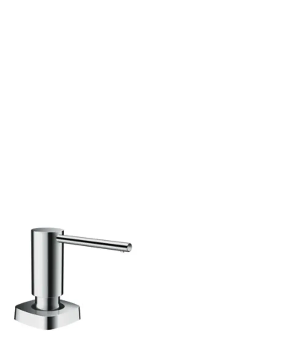 Chromfarbener Seifenspender von Hansgrohe mit schlanker, langer Ausgussarmatur, montiert auf einem sechseckigen Sockel. Ideal für die Anbringung in Badezimmern oder Küchen.